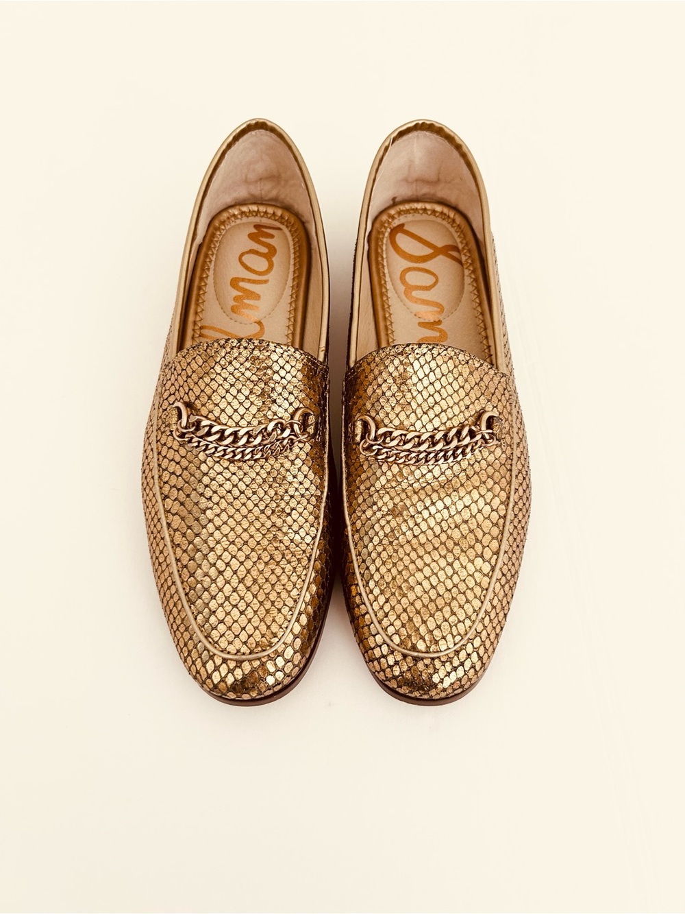 SAM EDELMAN RARE METALLIC GOLD FAUX SNAKESKIN LOAFERS